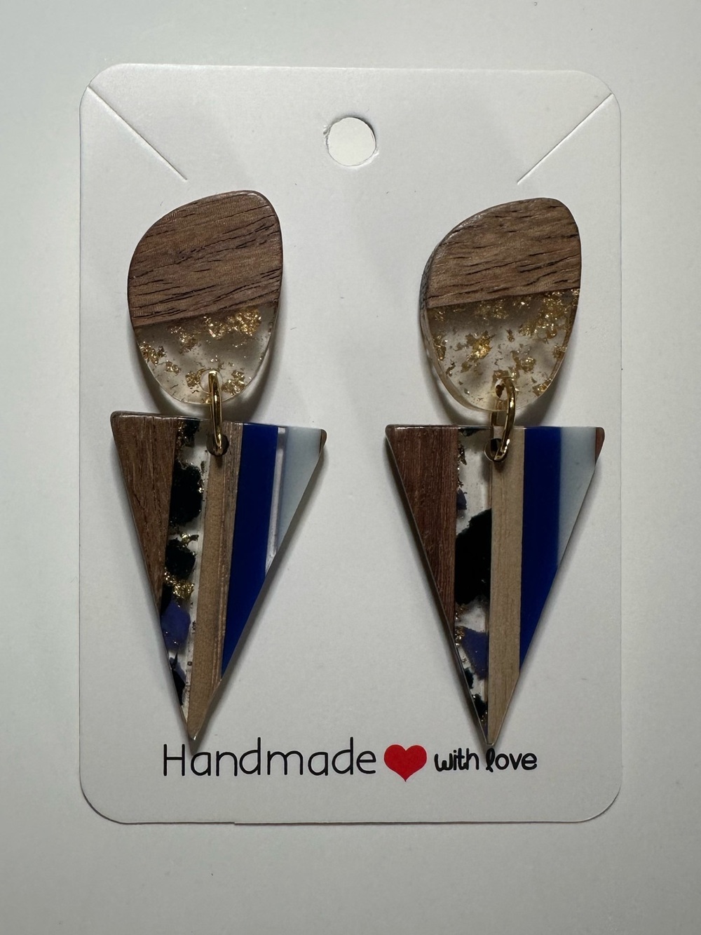 Handmade Blue & Wood Geometric Drop Earrings